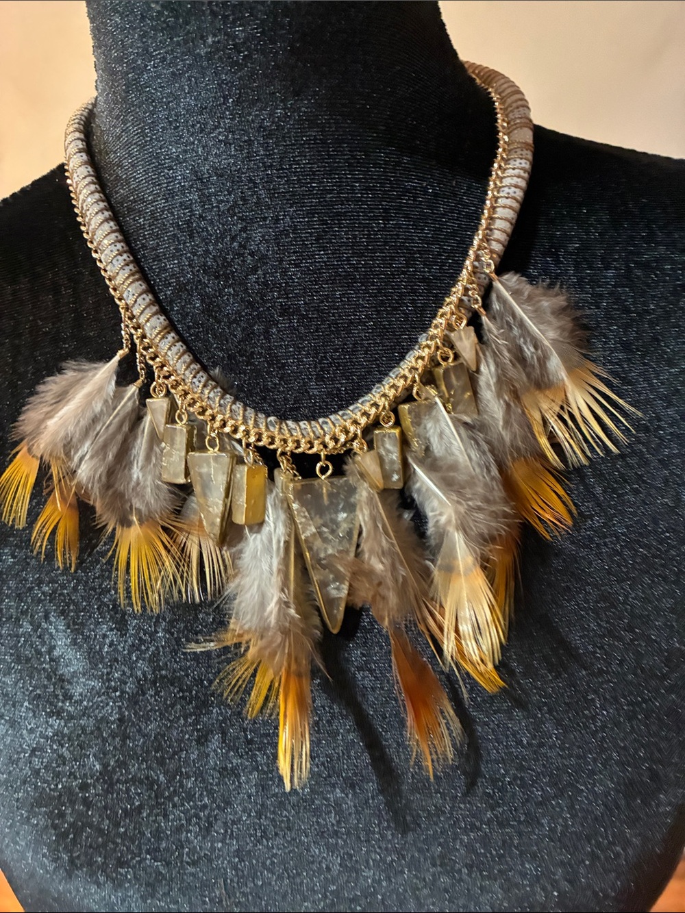 Statement Feather & Stone Necklace in Gray and Yellow
